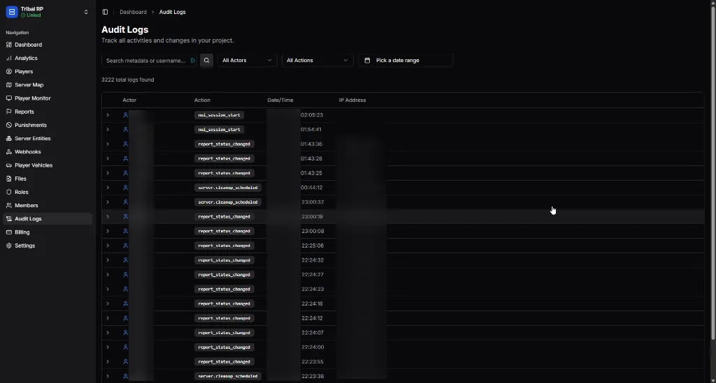 Audit Logs interface showing the list of activities and filtering options.