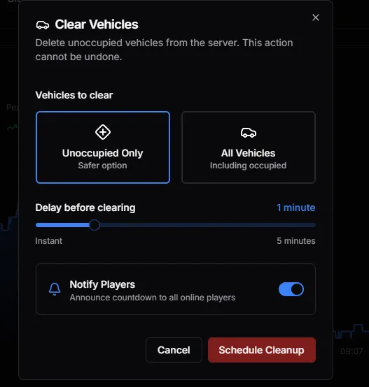 Clear Vehicles modal