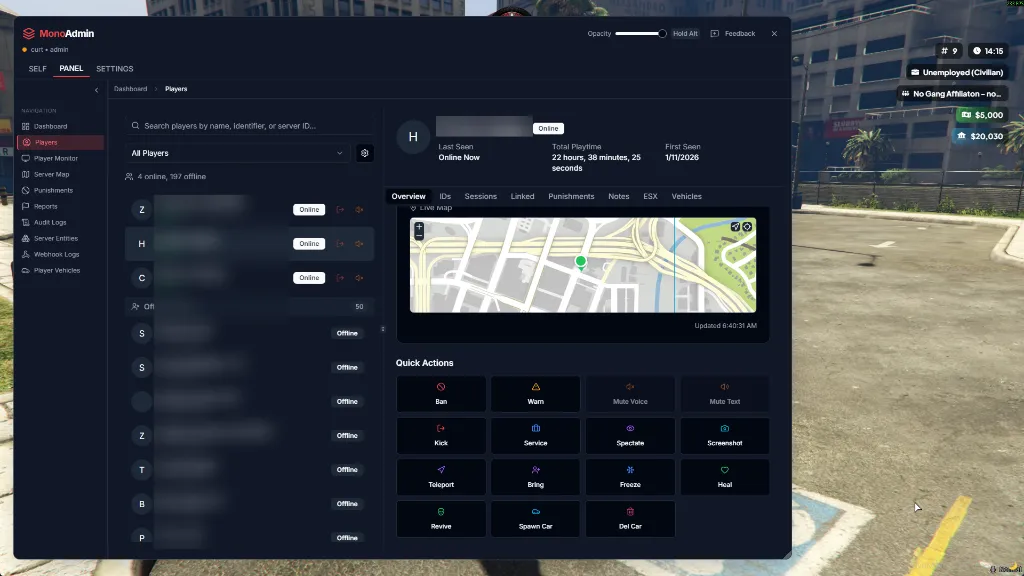 In-game player management showing quick actions like Spectate and Screenshot.