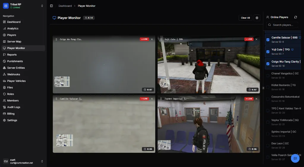 Player Monitor showing live feeds from 4 players
