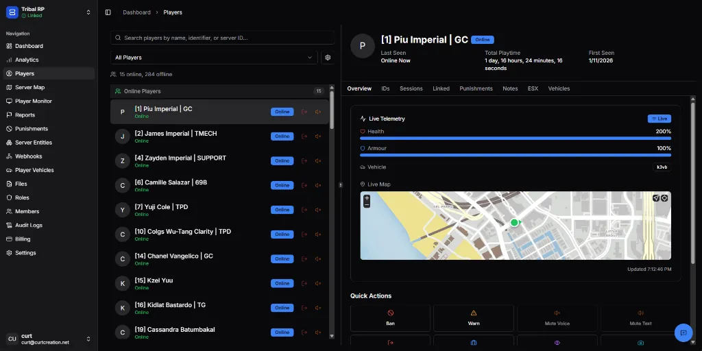 Players page showing player list and profile overview