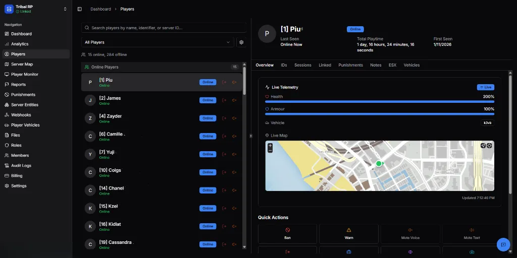 Players page showing player list and profile overview
