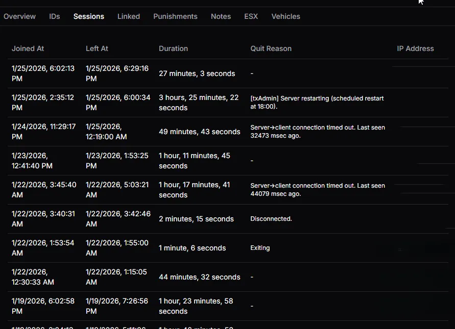 Player sessions tab showing connection history