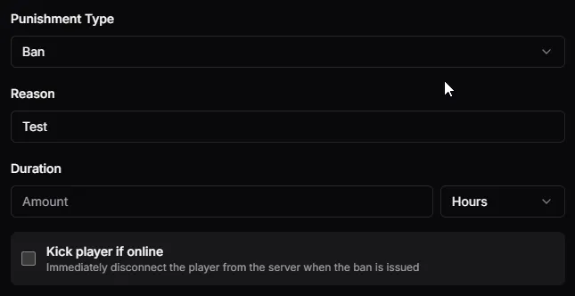 Setting ban duration and kick option