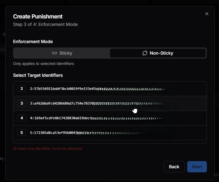 Non-sticky enforcement mode with identifier selection