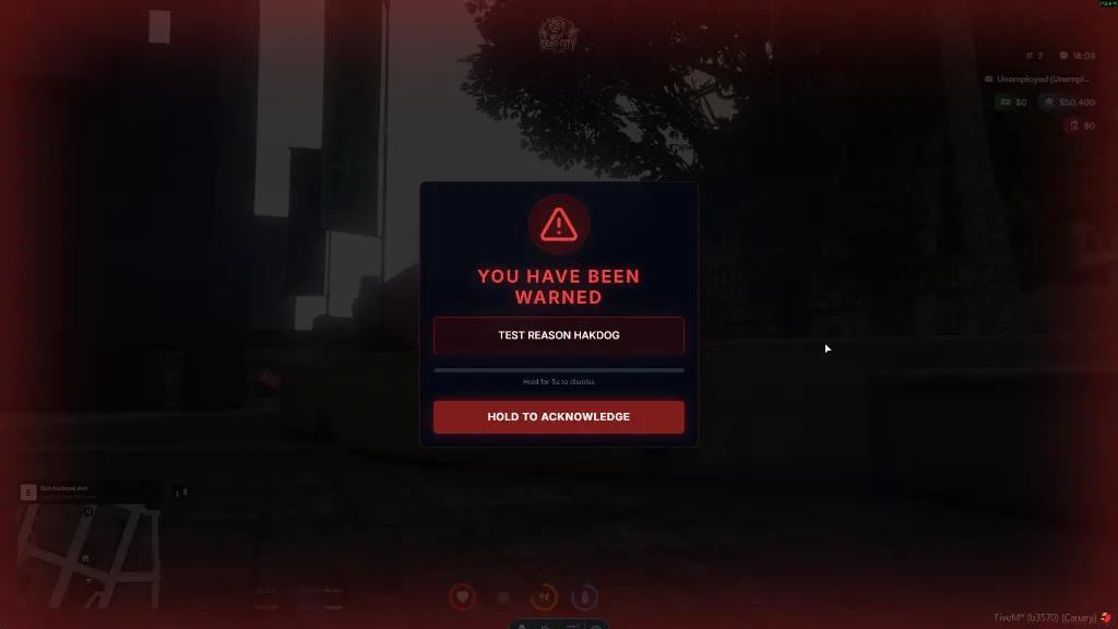 In-game warning screen shown to players
