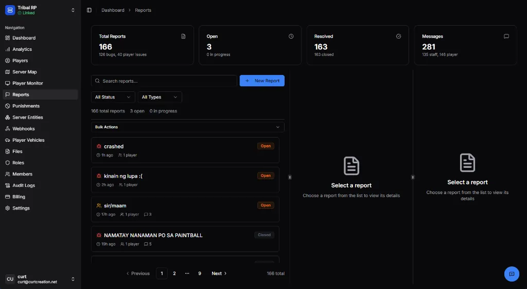 Reports list showing open tickets and statistics