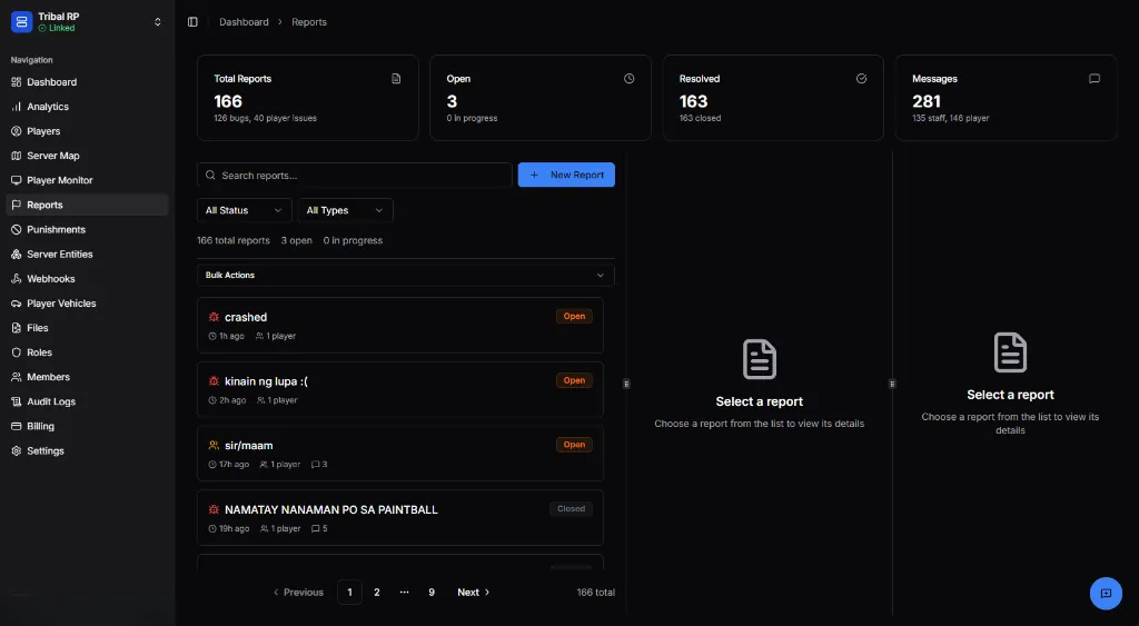Reports list showing open tickets and statistics