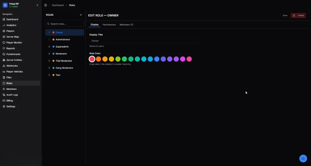 Role display settings showing title and color selection.