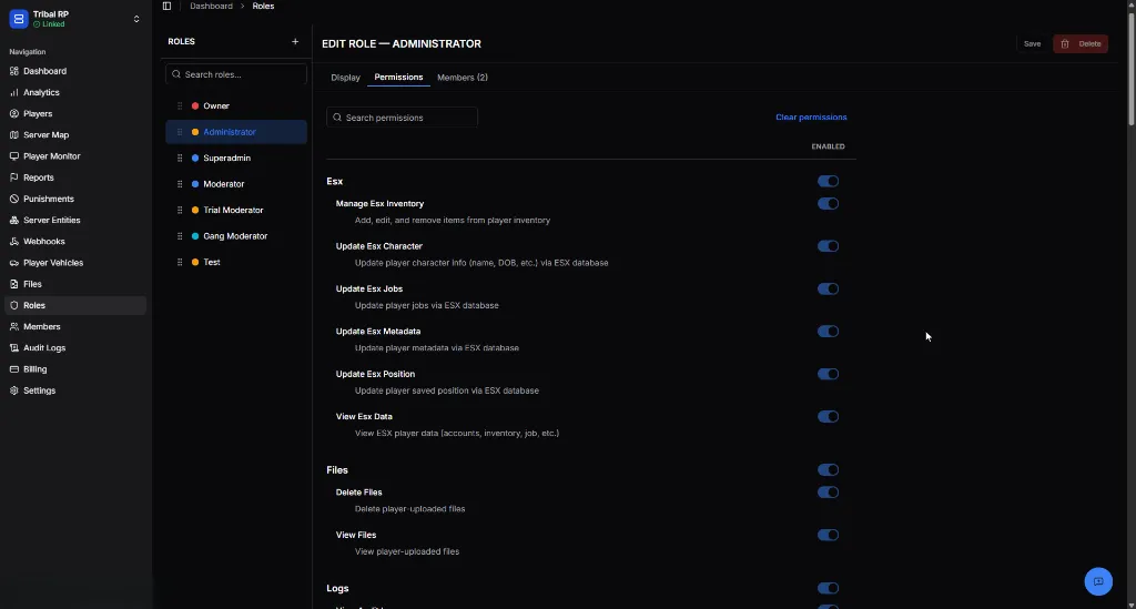 Permissions tab showing various categories and toggle-able permissions.