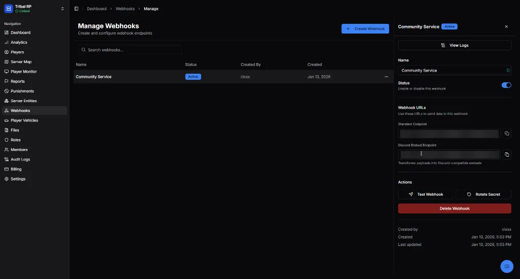 Webhook Management side panel showing configuration options.